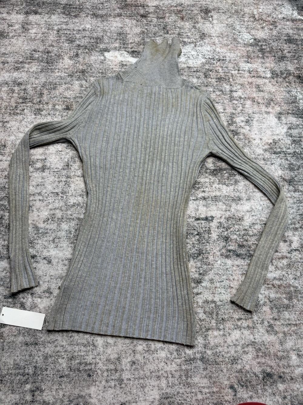 Y2K Vintage Turtleneck Sweater Sz M Grey Gold Rib Knit Pullover Gilmore Girls